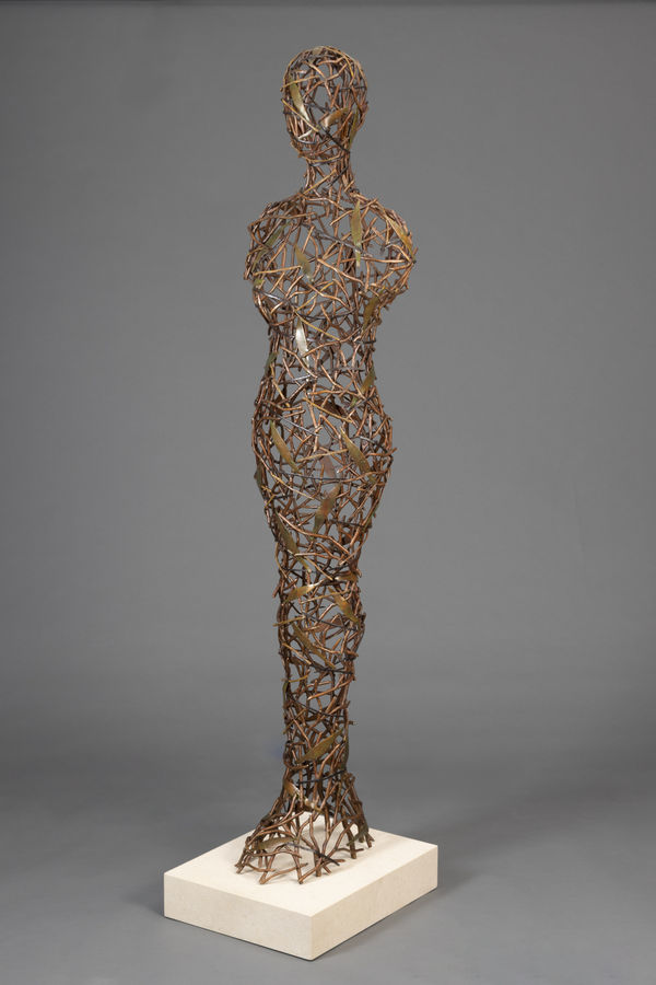 Tor Archer Botanical Muse, 2023-25 copper with patina, limestone base 74 x 21.5 x 15 inches