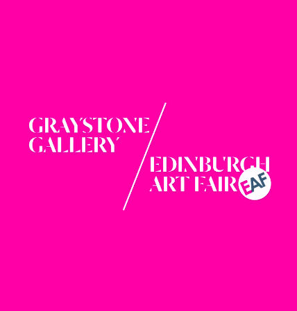 Logo of Graystone Gallery and Edinburgh Art Fair on a pink background with white text.