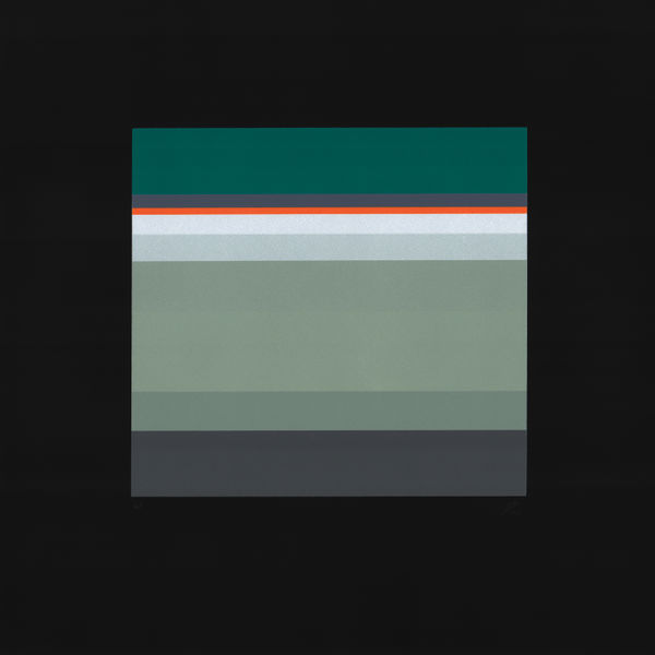 Linear Forms I, abstract artwork featuring geometric shapes in green, white, and grey tones.