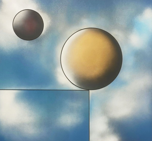 Abstract artwork titled "Trust Me and Try It" featuring two spherical shapes against a blue sky with clouds, using a soft gradient and geometric elements.