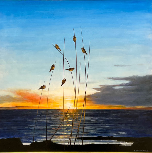 Birds perched on tall reeds against a vibrant sunset with a red sky and ocean in the background, featuring realistic details and contrasting colours.