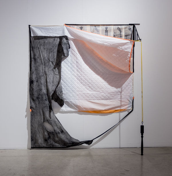 Januario Jano Untitled 2019 Textile, rope, wooden bed leg, bed sheets, dye, stitch, sewing, textile ball 224 x 180 x 50 cm