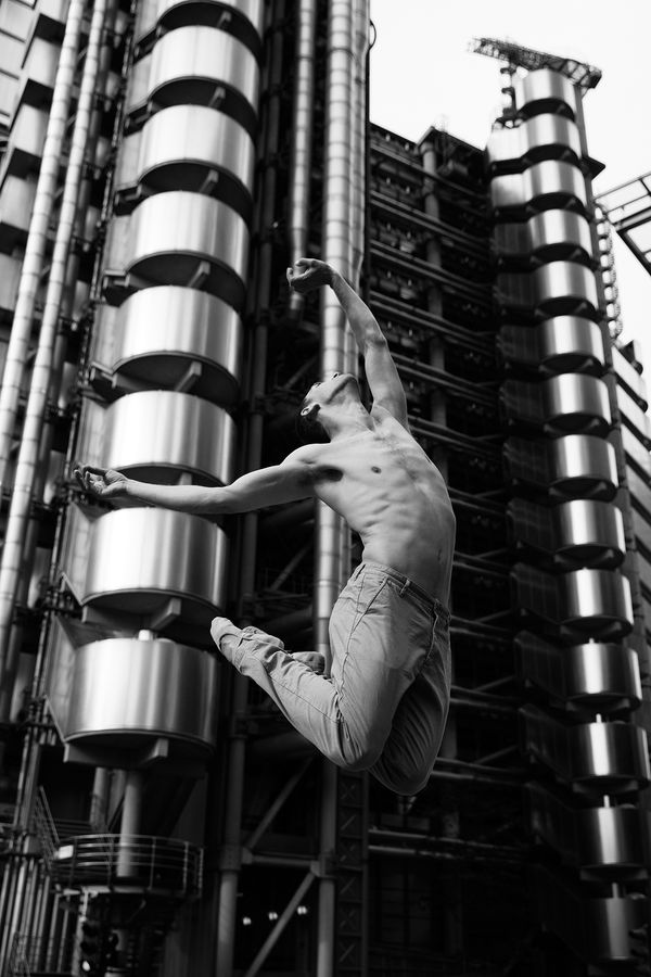 Movement study - Dancing 5. Dancer Jonathan Goddard. At the Lloyds building, London, UK. Prints of dancers. By movement photographer Simon Tomkinson.