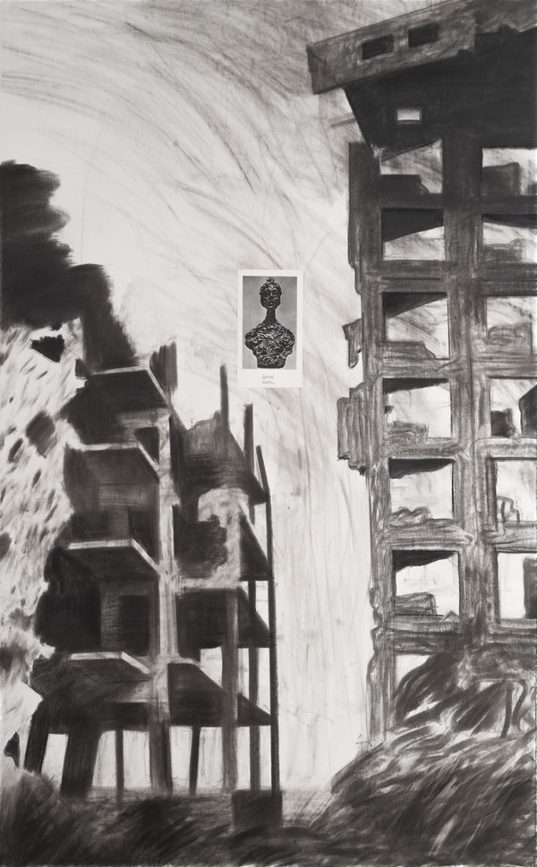 Nikita Kadan Universal Ruins (Kyiv) & Universal Ruins (Gaza), 2024 Charcoal, carbon, and collage on canvas 190 x 118 cm. 74 3/4 x 46 1/2 in. (NK0203)