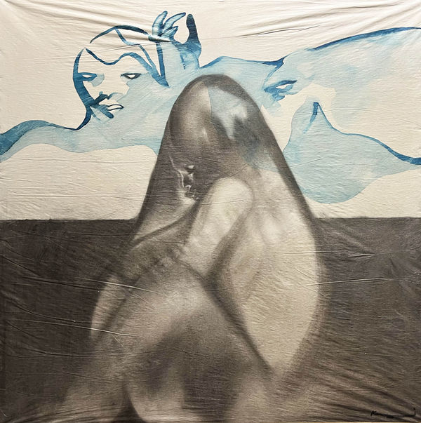 Figurative artwork of a seated nude woman in graphite tones, with blue outlined figures extending behind her on a light canvas.