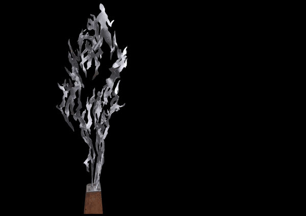 Stainless Steel sculpture with Corten base, Figure di fuoco by Marco Di Piazza