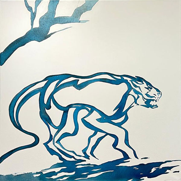 Monochrome blue-grey painting of human figure with head, surrounded by large abstract leaf shapes