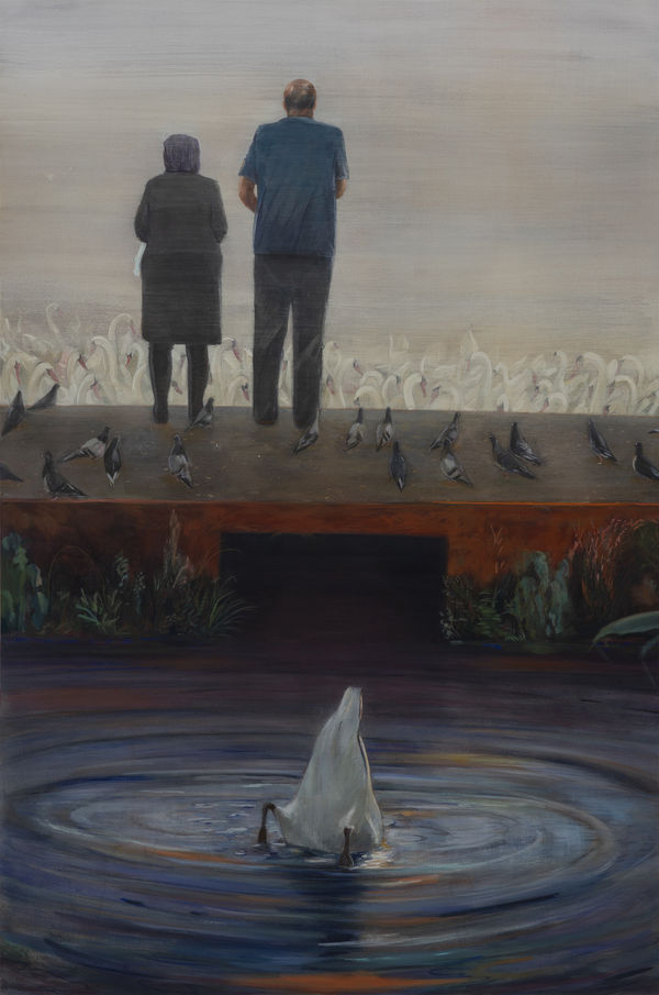 Mahesh Baliga, A Lake in Oxford, Casein on canvas, 48 x 72 inches, 2023.