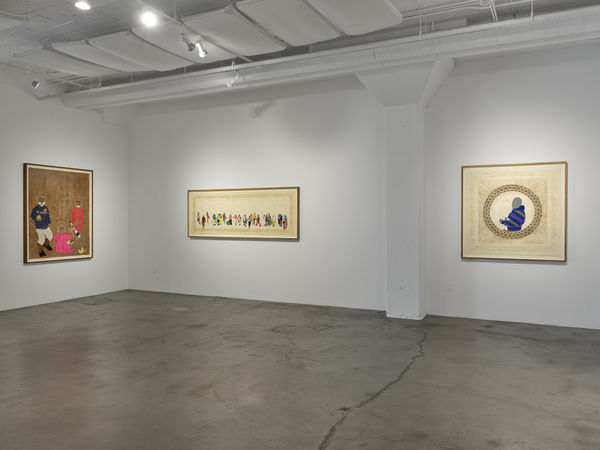 From left to right: Works by Arleene Correa Valencia: Sonríe Ahora, Llora Después / Smile Now Cry Later, 2024; Finalmente En Casa / Finally Home, 2025; and Este Es Nuestro Hogar Y De Aqui No Nos Vamos / This Is Our Home And We Are Not Leaving, 2025. Installation image by Chris Grunder.