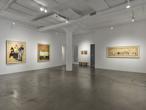 From left to right: Works by Arleene Correa Valencia: Solas Pero Siempre Juntas / Alone But Always Together, 2024; Las Madres Inmigrantes No Se Rajan / Migrant Mothers Don’t Give Up, 2024; Ya No Puedo Caminar / I Can't Walk Anymore, 2024; Agarrate un Poco Mas / Hold On a Little Tighter, 2024; and I Do Not Give You Permission To Enter My Home Based On My 4th Amendment Rights Under The United States Constitution, 2025. Installation image by Chris Grunder.