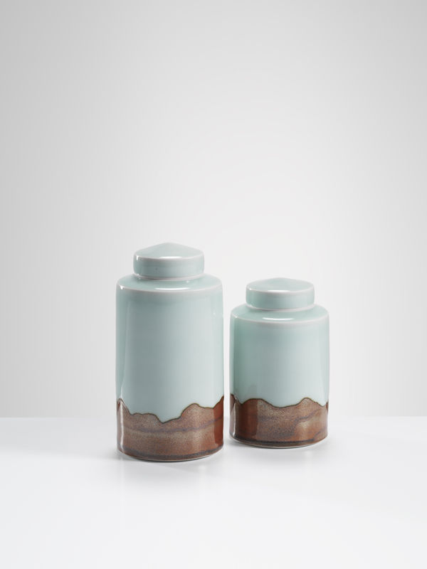 Chris Keenan, 43-44 Celadon lidded jars with red ‘vista’