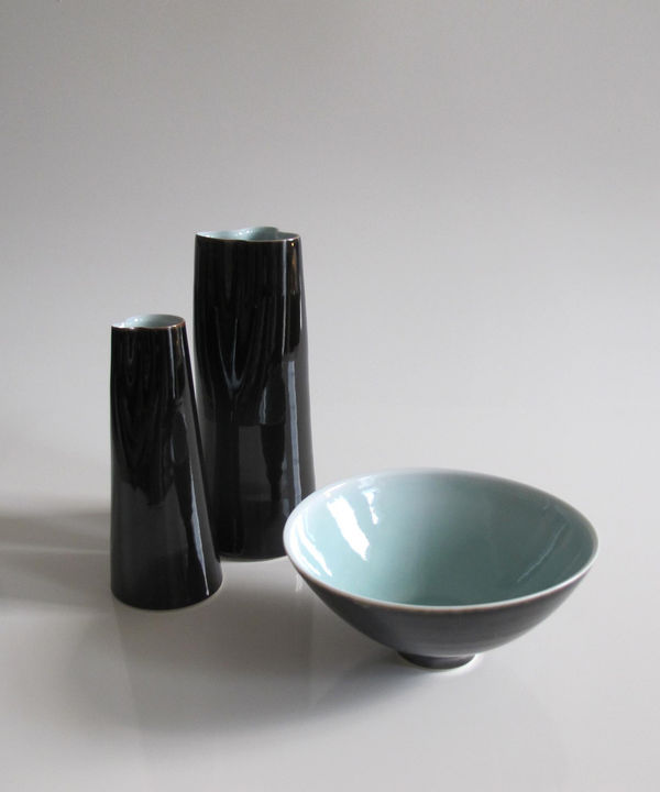 Chris Keenan, Tenmoku and Celadon- Cloud Vases with Bowl