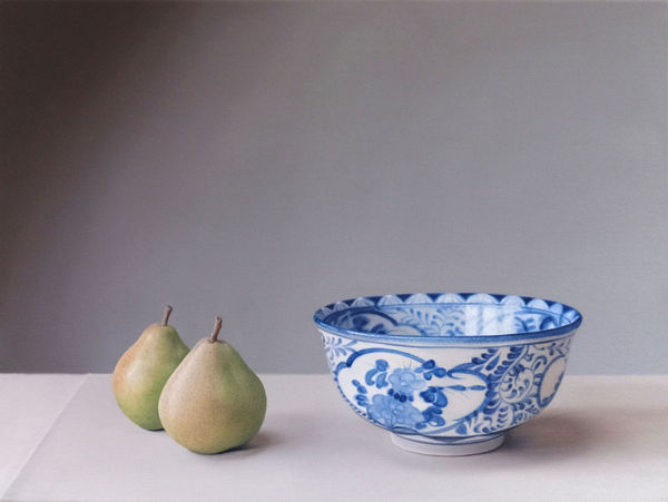 Jo Barrett, Comice Pears with Blue and White Bowl