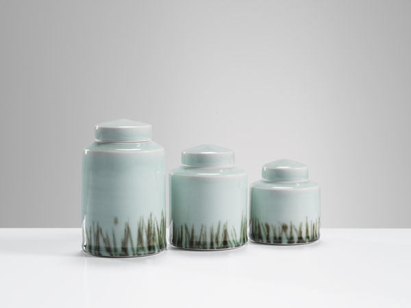 Chris Keenan, 37-39 Celadon lidded jars with reddish reeds