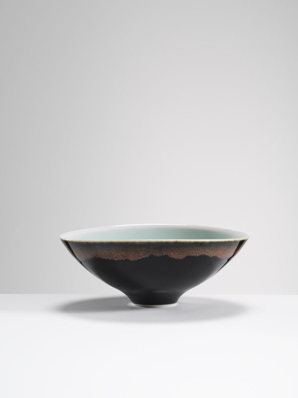 Chris Keenan, 82 tenmoku and celadon bowl with soft red sky