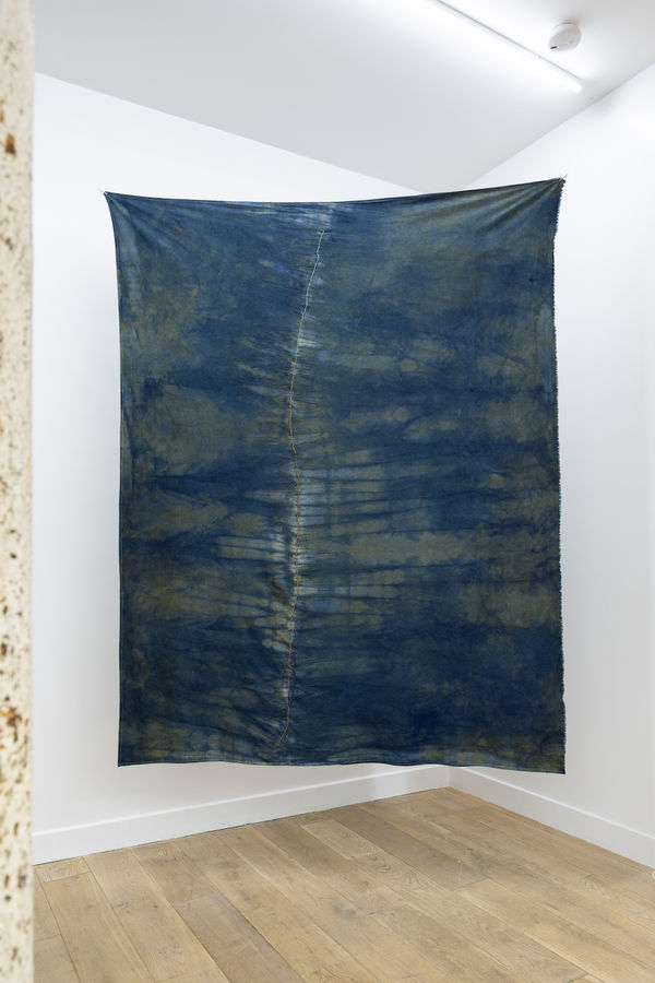 Bulumko Mbete Lwandle I, 2026 Indigo Dye in silk and glass beads 135 x 178 cm