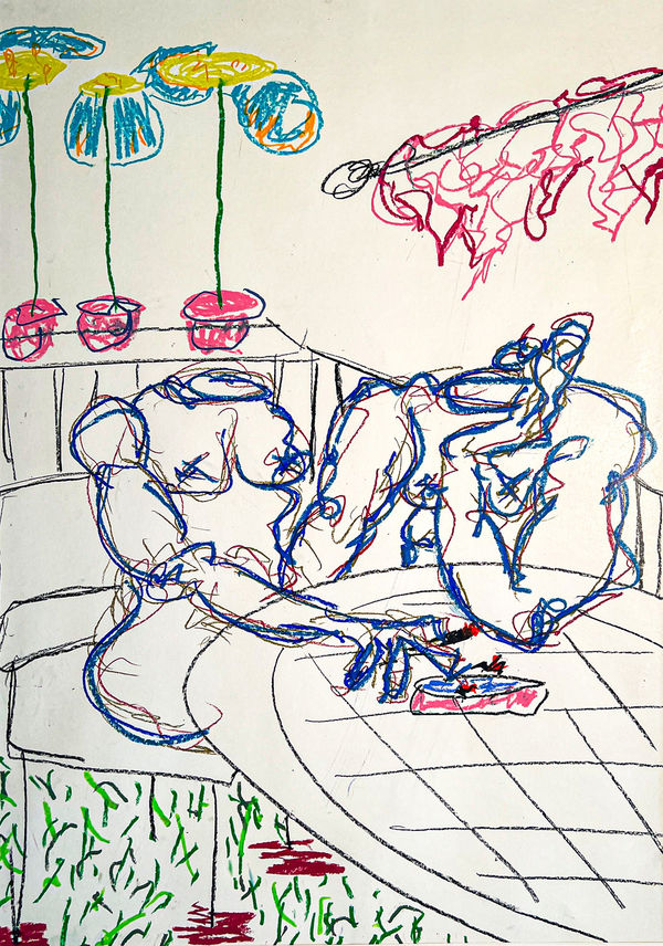 Augusta Alexander, House party 1, 2023 Oil pastels, on paper, 70 x 100 cm