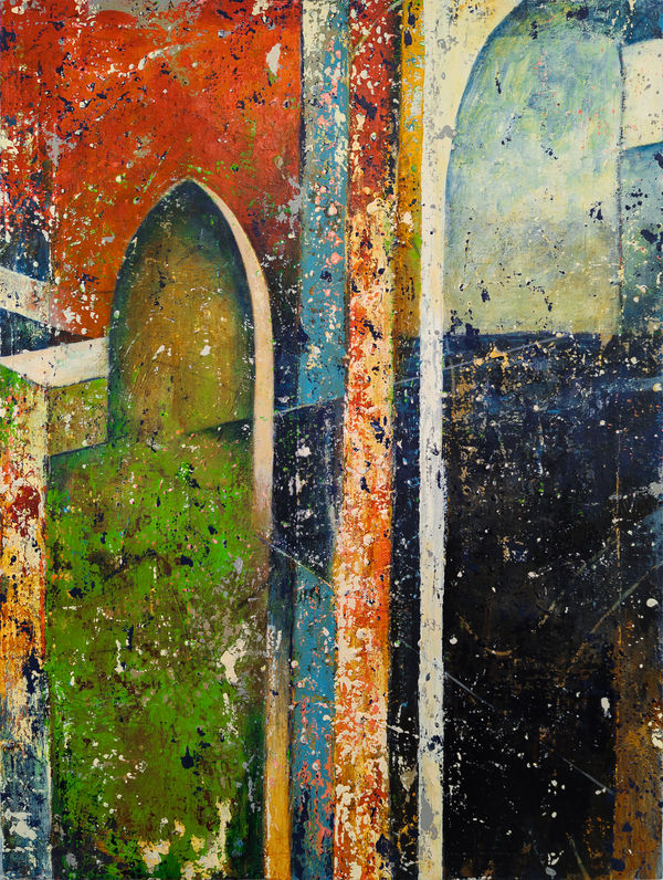 painting of Gothic Archway entrances with reds and blues