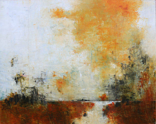 painting of sea and land with umber sky and landscape by Peter Burega