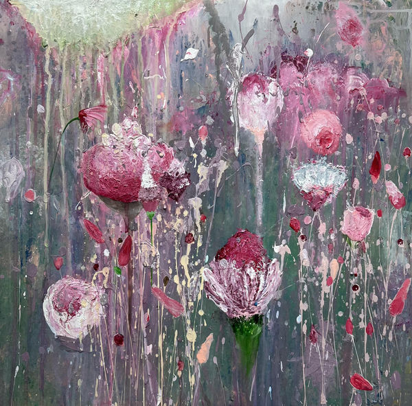 contemporary painting with falling flowers