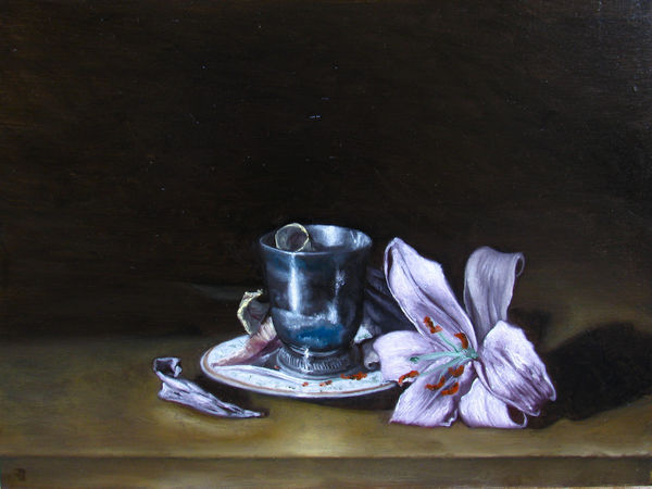 still life oil painting of lily and silver cup