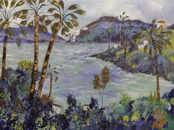 Landscape painting with coastal views and palm trees
