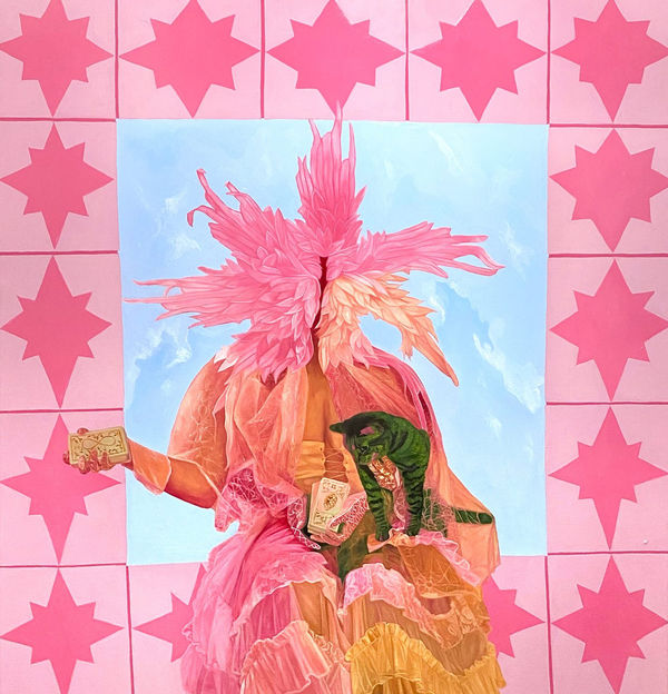 Image: Isabella Mellado, The High Priestess, 84×90″ oil on canvas (detail). A seated figure in front of a light blue sky, wearing a pink feathered mask and holding tarot cards in two hands and a green cat in a third arm. A thick border made up of pink stars on light pink squares surrounds the figure. Courtesy of Povos Gallery Chicago.