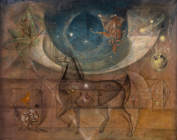 Leonora Carrington, Equinoxio, 1958. Oil on canvas. 28 3/4 x 36 1/2 inches (73 x 93 cm). Photo by Scott Saraceno. Image courtesy of Gallery Wendi Norris, San Francisco, CA.