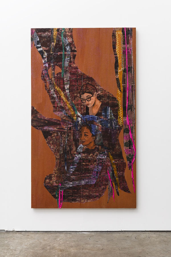 Ranu Mukherjee, cut on the bias, 2020, pigment, Cristalina, UV inkjet print and silk and cotton sari fabric on linen, 72 x 42 inches (182.9 x 106.7 cm)