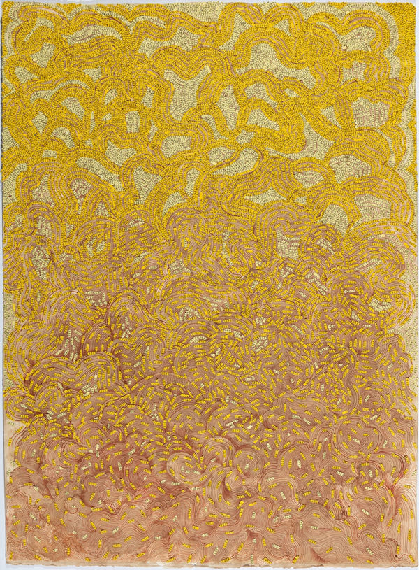 Ambreen Butt, Sultanat Khan (16), 2020, text and pen on tea-stained paper, 30 x 20 inches (76.2 x 50.8 cm)