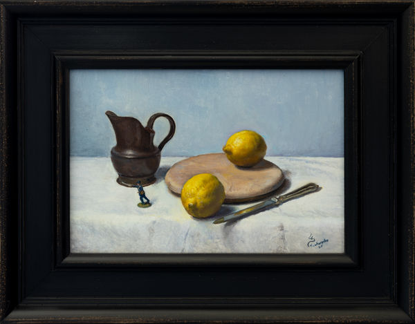 Zarahn Tūwharetoa Southon Still Life with Lemons and Toy Soldier, 2025 Oil on board 20 x 30 cm (unframed) 33 x 43 cm (framed) Signed & dated 2025