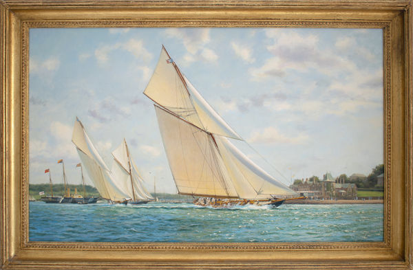 Anthony Blake Britannia, the Prince of Wales's First Class Cutter, passes the Royal Yacht Victoria & Albert off the Royal Yacht Squadron, Cowes Oil on canvas 61 x 102 cm Signed lower right