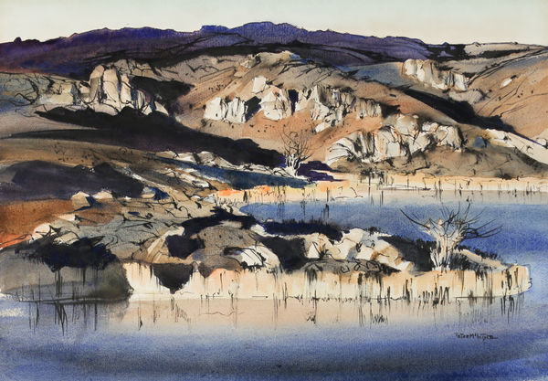 Peter McIntyre The Manorburn Dam, Central Otago Watercolour & ink on paper 52 x 74 cm Signed lower right