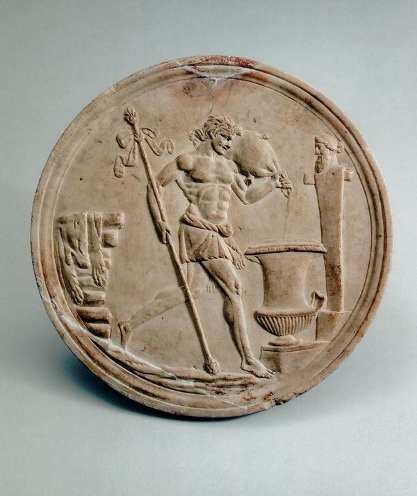 Oscillum in two parts: one side a young man bringing goods into town; the other a satyr pouring wine into a crater, Roman, Augustan Period (63 BC - 14 AD)
