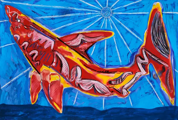 Red Shark Study, Gouache, Oil Pastel, and Crayon on Paper, 32x44", 2025