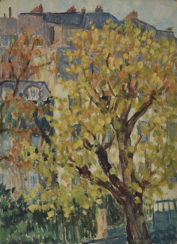 Artwork in oil painting by the French post-impresionnist artist Marie Lucie Nessi Valtat, daughter in law of Louis Valtat. Scene showing the rooftops of Paris.