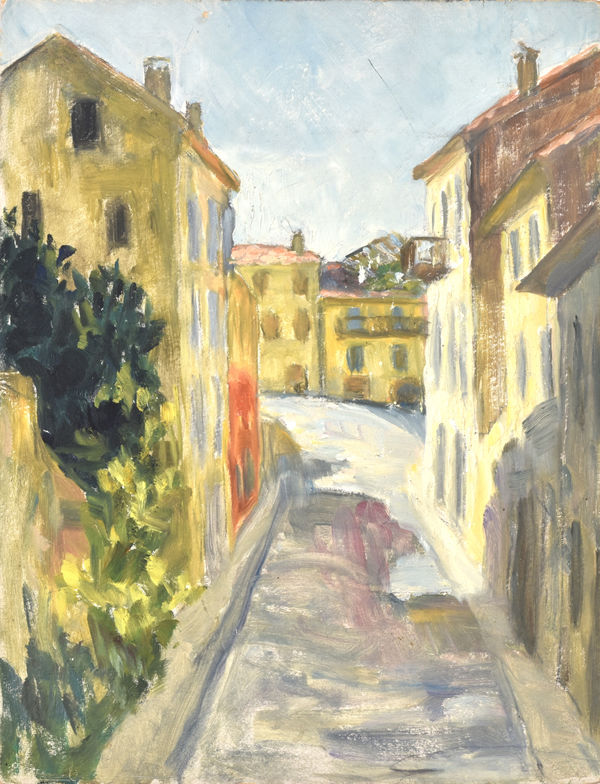 Artwork in oil painting by the French post-impresionnist artist Marie Lucie Nessi Valtat, daughter in law of Louis Valtat. Scene of a Street in the South of France.