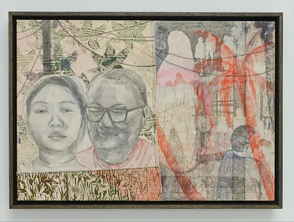 Alya Hatta Page VIII: Eleven PM, 2026 Acrylic, oil pastel, graphite, and image transfer on canvas 45 x 65 cm