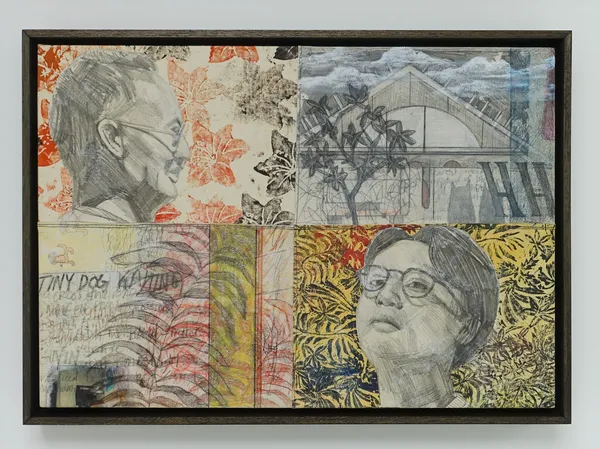 Alya Hatta Page VI: Tiny Dog, 2026 Acrylic, oil pastel, graphite and image transfer on canvas 45 x 65 cm