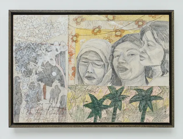Alya Hatta Page VII: In-Laws, 2026 Acrylic, oil pastel, and graphite on canvas 45 x 65 cm