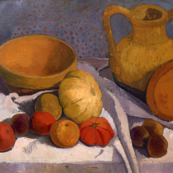 Still-life painting by Paula Modersohn-Becker of pieces of pottery and different gourds and vegetables.