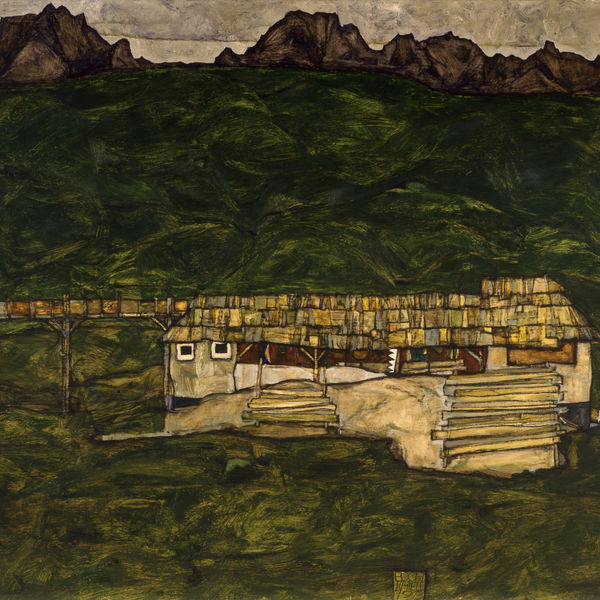 Egon Schiele painting of a Sawmill set against a green background. There are mountains in the background.