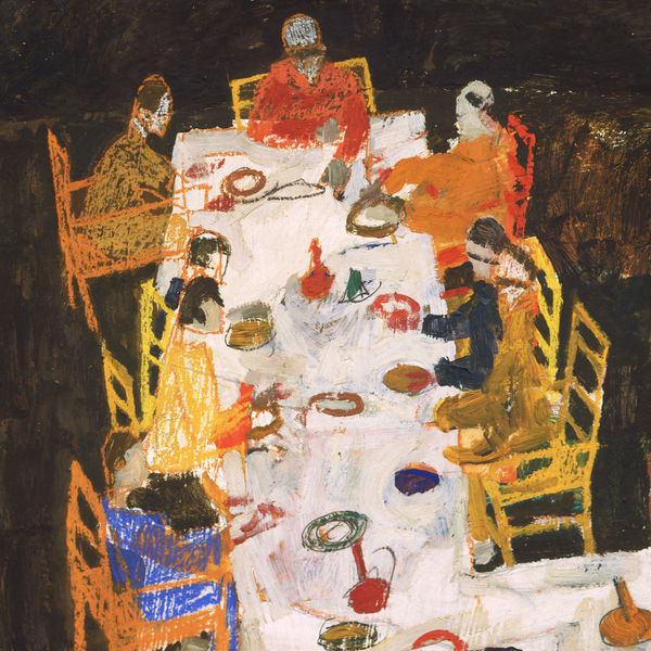 Square detail of Egon Schiele’s painting “Sketch for a Group Portrait (Friends) (49th Secession Exhibition Study” which dates to 1918