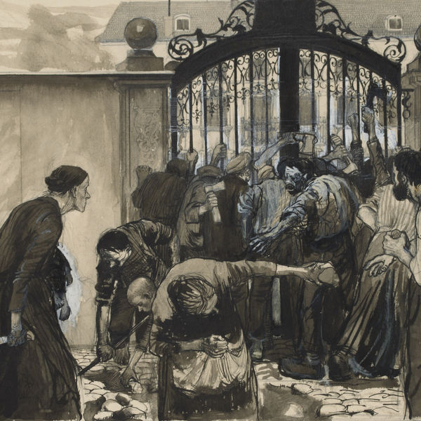 an ink study drawing by Käthe Kollwitz showing a group of weavers, some with children, storming the front gate of a residence.