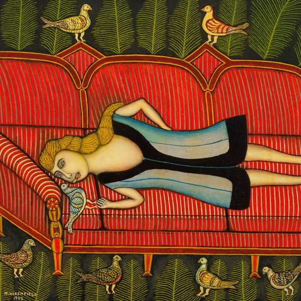 Detail from a painting by Morris Hirshfield showing a woman in naive style lying on a red couch with pigeons on the sofa and on the floor against a green background.