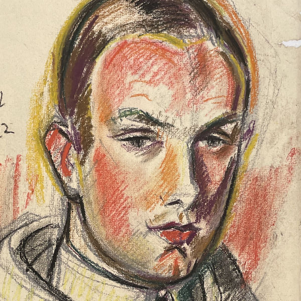 detail from a pastel portrait drawing of Otto (Nirenstein) Kallir as a young caucasian male in a suit and tie, his face rendered in shades of red and orange