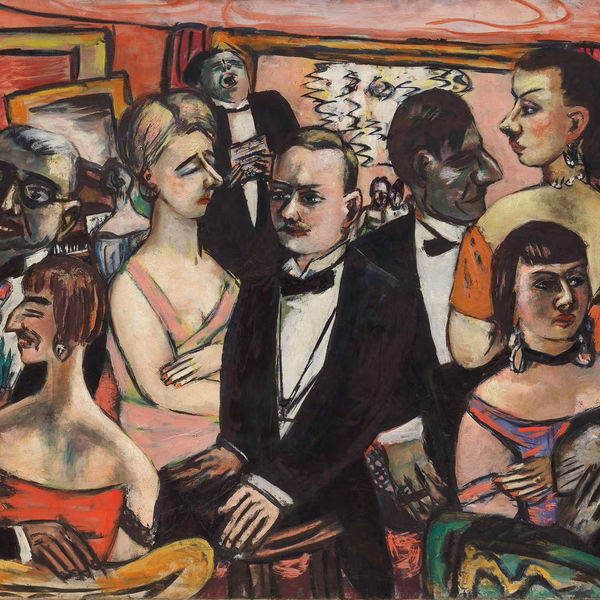 Detail from the Max Beckmann painting Paris Society, showing a crowded scene of formally dressed men and women milling about in a colorful atmosphere