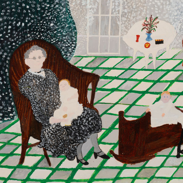 Detail from a painting by Grandma Moses showing an elderly grandmother figure with gray hair and glasses in a rocking chair. She holds a blonde baby in her arms as another baby can be seen in the rocking cradle beside her, in a room with a green and beige