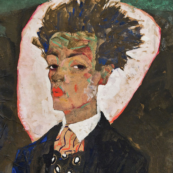 Colorful detail from an Egon Schiele self-portrait of the artist wearing a peacock waistcoat. His brown hair stands straight up as he pouts at the viewer with very red lips