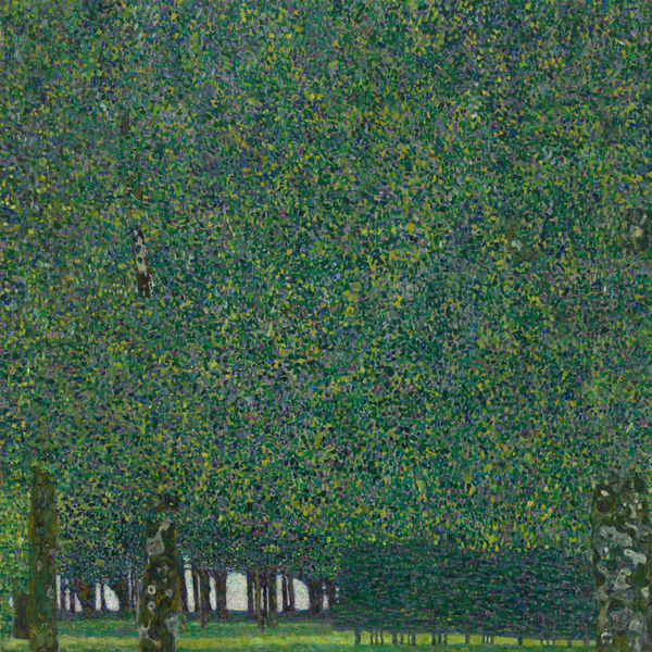 square format oil painting by Gustav Klimt depicting a very lush, green park devoid of people